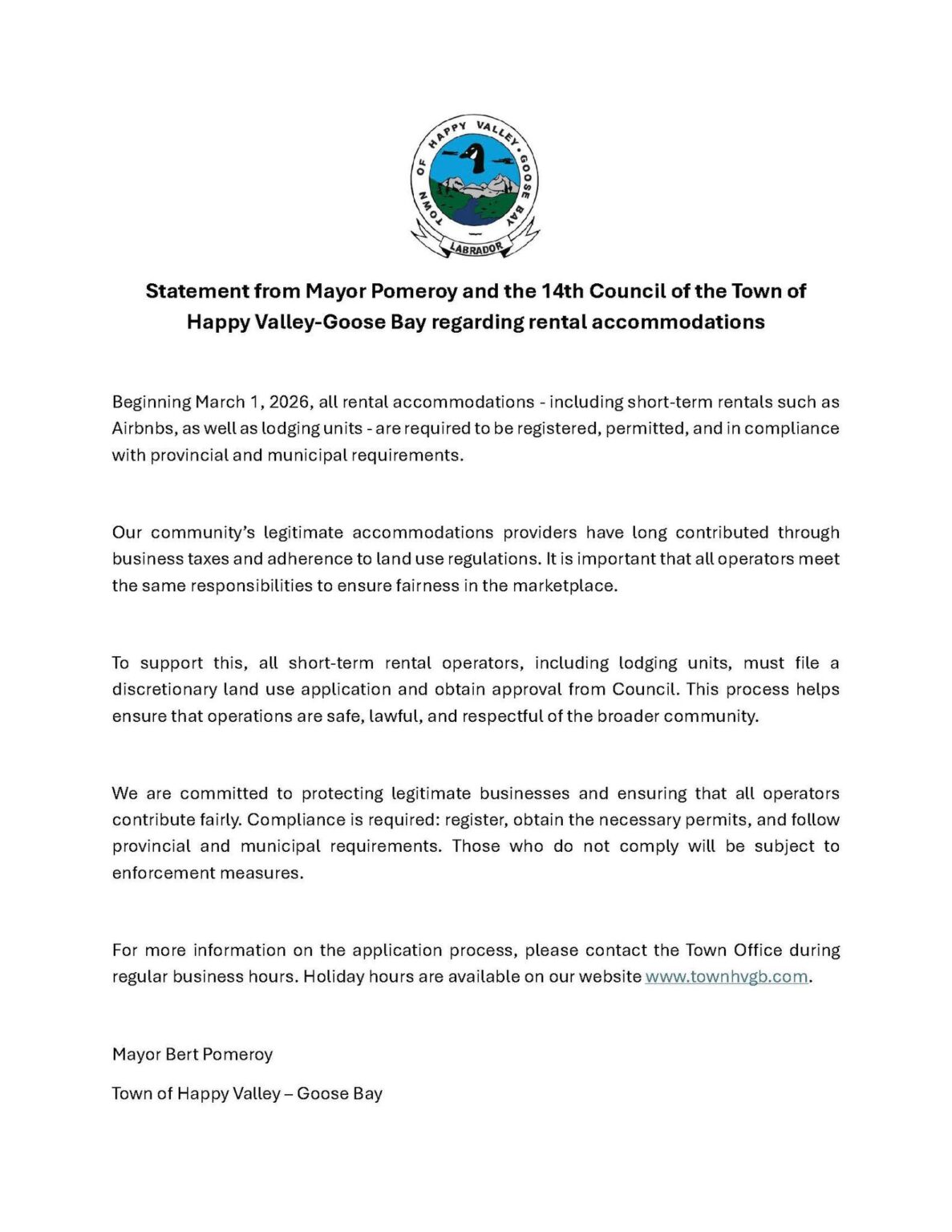Statement from Mayor Pomeroy and the 14th Council of the Town of Happy ...